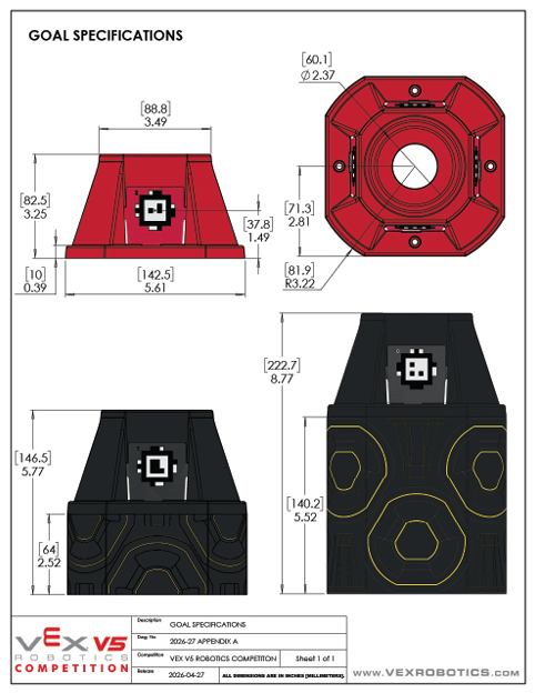 Override goal specifications: 3 sizes — alliance 82.5mm, short neutral 146.5mm, tall center 222.7mm.